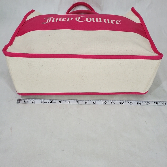 Juicy Couture Beige Canvas Tote Bag Pink Trim Logo Handle Errand Shopping School - Picture 10 of 13